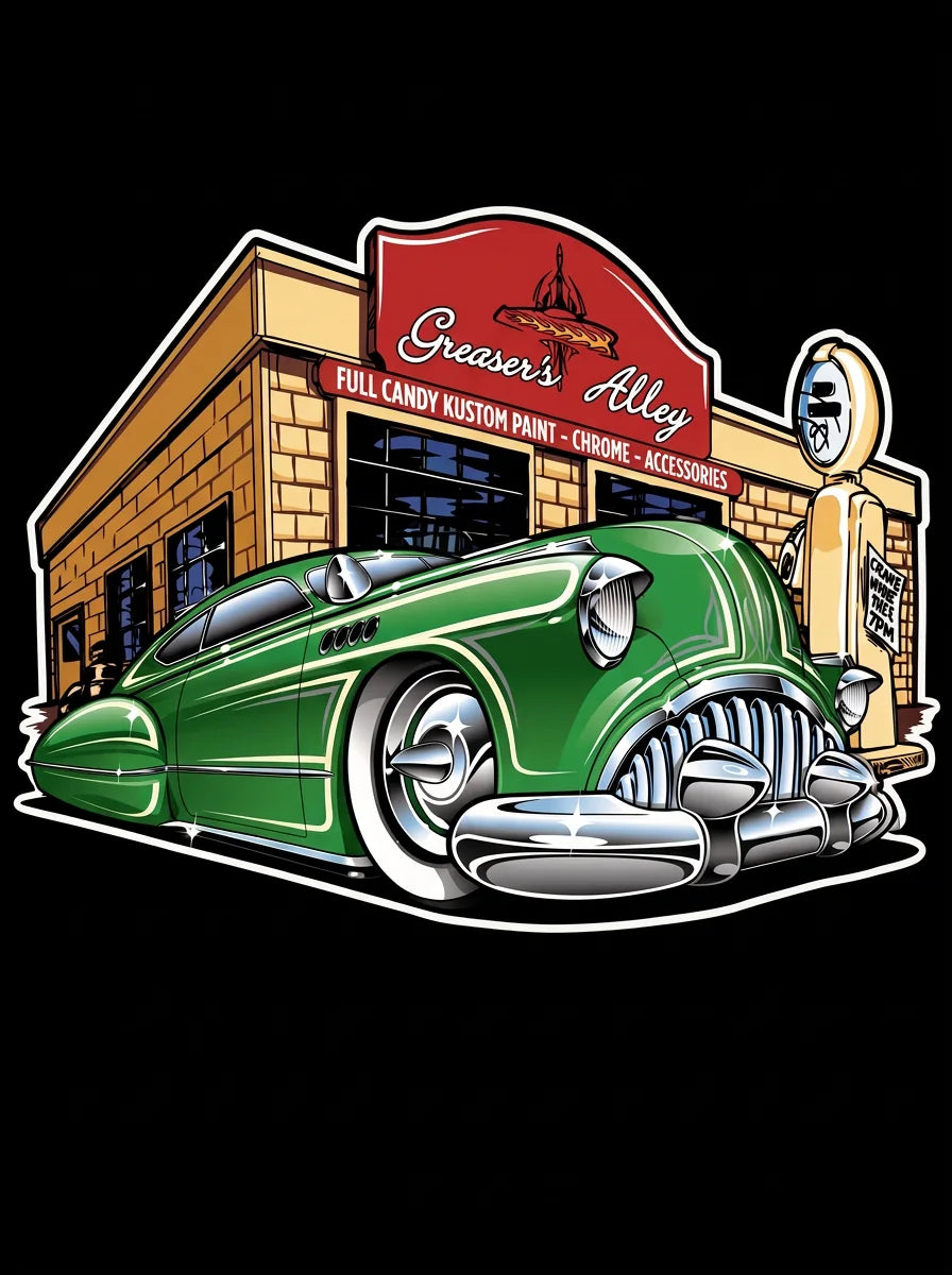 Greaser's Alley artwork: a slammed green custom parked low in front of the Greaser's Alley kustom paint, chrome and accessories garage, next to a vintage gas pump